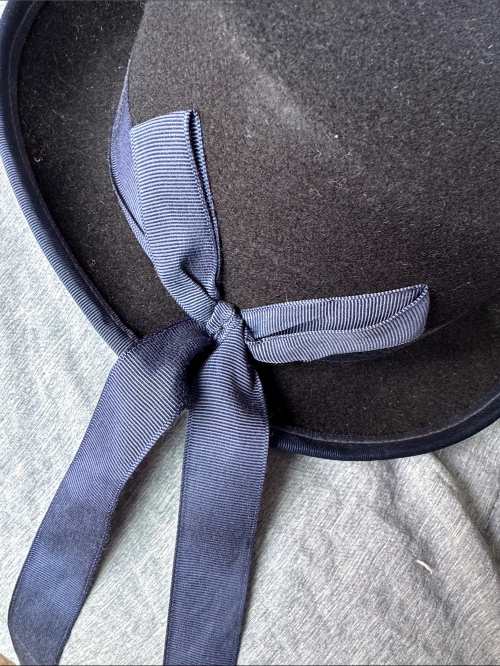 Black Wool Felt Bowler Hat with Navy Ribbon Trim